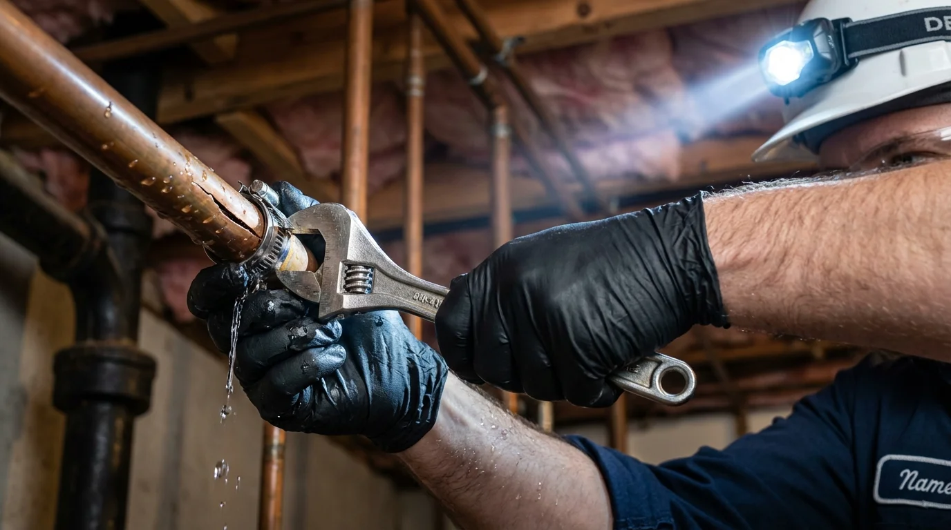 Emergency pipe clamp repair being performed by a Johns Plumbing LLC plumber in Saint James