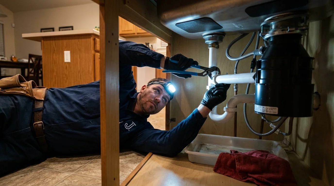 P-trap and supply line connections under a kitchen sink showing a common leak point in Saint James, MN